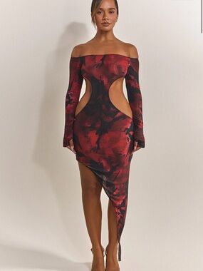 Off-Shoulder Red & Black Asymmetrical Cutout Bodycon Dress